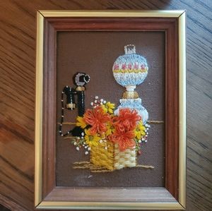 Vintage handmade framed needlework  floral motif